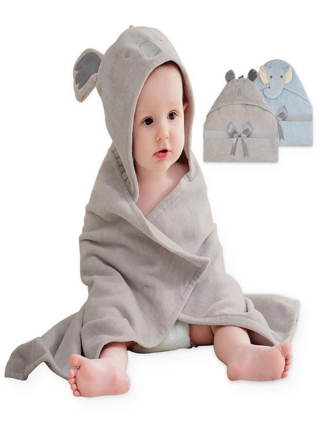 فيفي لاند مناشف أطفال بغطاء رأس من فيفيلاند، عبوة من قطعتين، مناشف استحمام ناعمة للأطفال مصنوعة من القطن بنسبة 100% مع غطاء رأس، سميكة للغاية وذات قدرة امتصاص عالية، ضرورية للأطفال حديثي الولادة والأطفال والرضع - بنين وبنات (فيل أزرق وكوالا) - Image 1